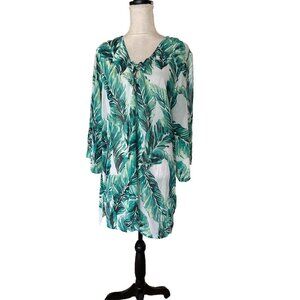 Tropical Green Leaf Print Swim Coverup
